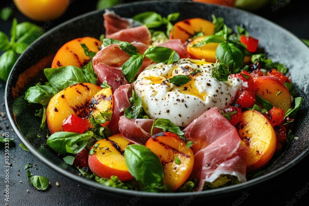 Delicious summer salad with grilled peach, prosciutto and burrata cheese Delicious summer salad with grilled peach, prosciutto and burrata cheese