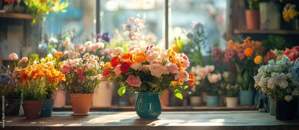 Colorful flower bouquets in terracotta pots, arranged on a window sill with a large bouquet in a blue vase in the center. Colorful flower bouquets in terracotta pots, arranged on a window sill with a large bouquet in a blue vase in the center.