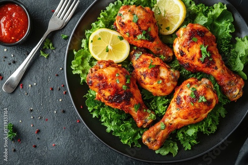 Roasted chicken legs lying on fresh lettuce with lemon and spices