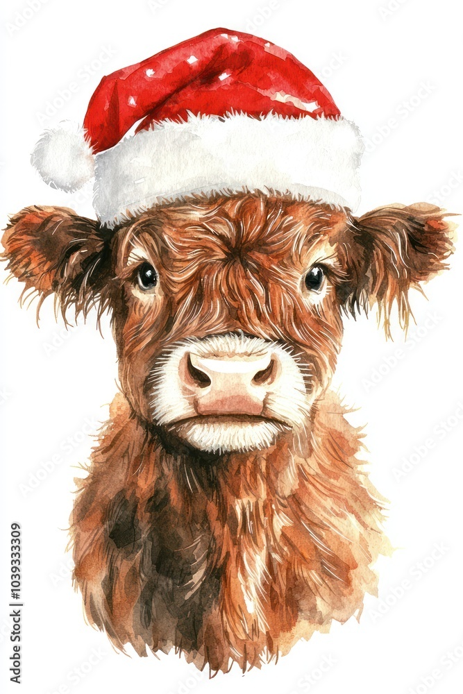 Charming watercolor clipart of a Highland cow donned in a Santa hat. Charming watercolor clipart of a Highland cow donned in a Santa hat.