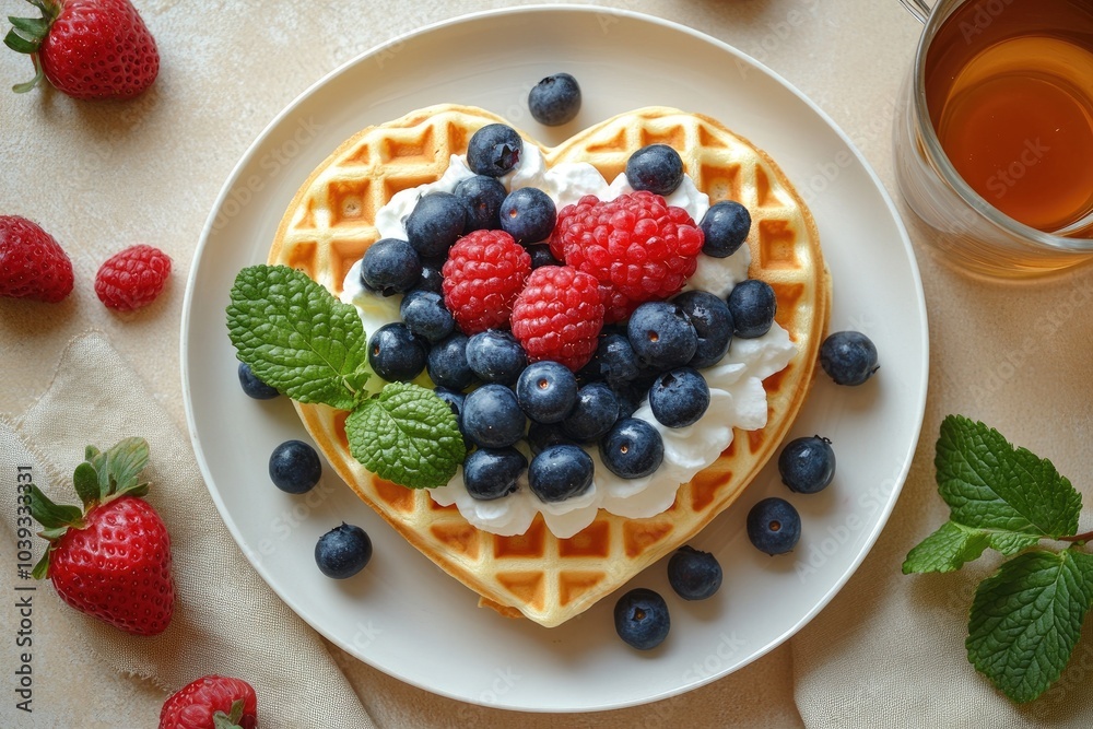 Heart shaped waffle with whipped cream and fresh berries for romantic breakfast