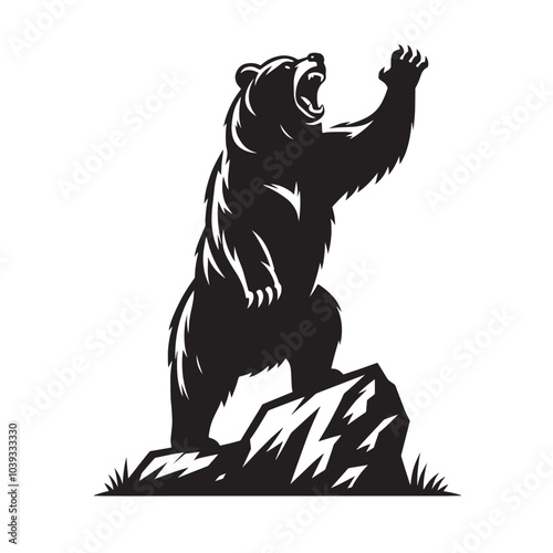 Black and white illustration of a bear standing on a rock with its mouth open and paw raised. photo