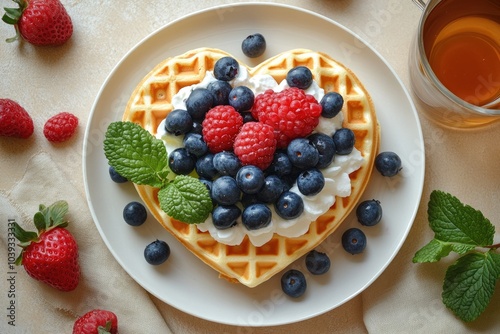 Heart shaped waffle with whipped cream and fresh berries for romantic breakfast