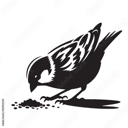 Black and white illustration of a bird eating seeds.