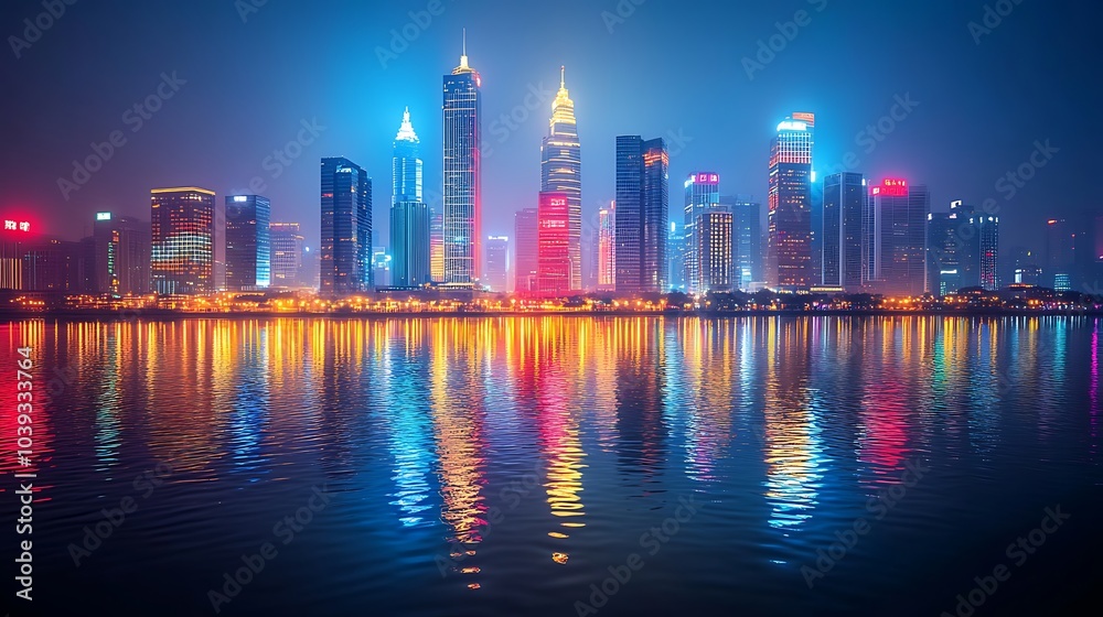 Urban skyline at night with illuminated skyscrapers reflecting on a calm river, showcasing vibrant colors of city lights, perfect composition for a poster, space for text Urban skyline at night with illuminated skyscrapers reflecting on a calm river, showcasing vibrant colors of city lights, perfect composition for a poster, space for text