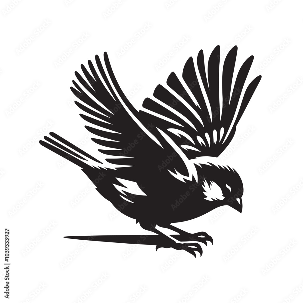 Fototapeta premium Black and white illustration of a bird with its wings spread out, flying.