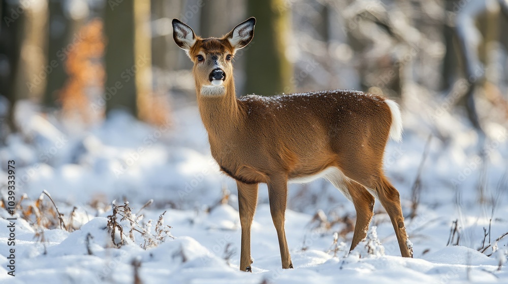 Young white-tailed deer standing in the snow on a sunny winter day Young white-tailed deer standing in the snow on a sunny winter day