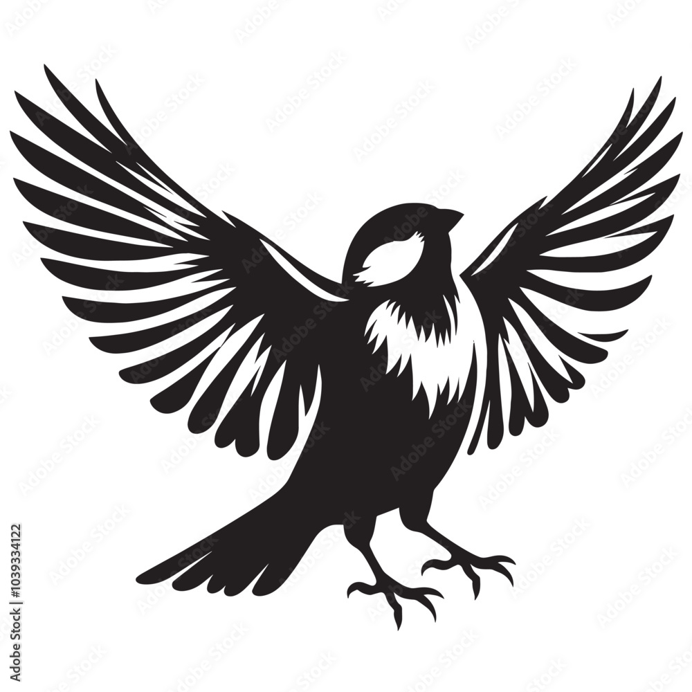 Black and white illustration of a bird with wings outstretched.