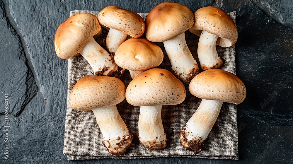 Fresh Organic Brown Mushrooms on Rustic Linen Cloth Fresh Organic Brown Mushrooms on Rustic Linen Cloth