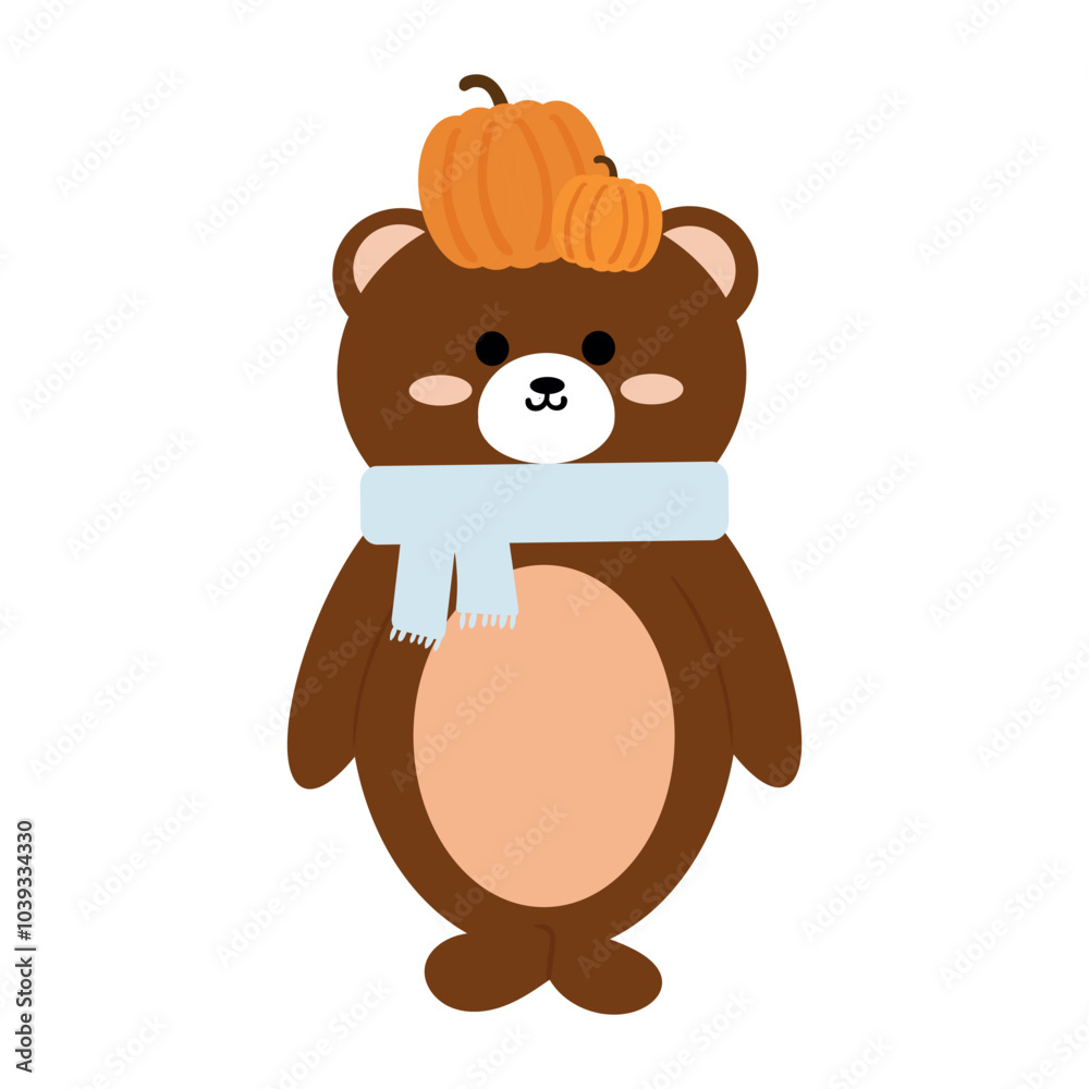 Fototapeta premium Cute drawing cartoon bear with pumpkin. cute animal drawing, doodle, sticker for autumn vibes