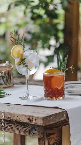Refreshing Summer Cocktails. Gin and Tonic, Negroni with Citrus Garnish, Fresh Herbs, and Ice on Rustic Wooden Table