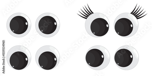 A set of plastic toy eyes. Glossy, bulging, puppet eyes. Cute, round, vector, isolated elements. Look down, up, left, right. Different, shaking, silly, hilarious pairs of eyeballs.