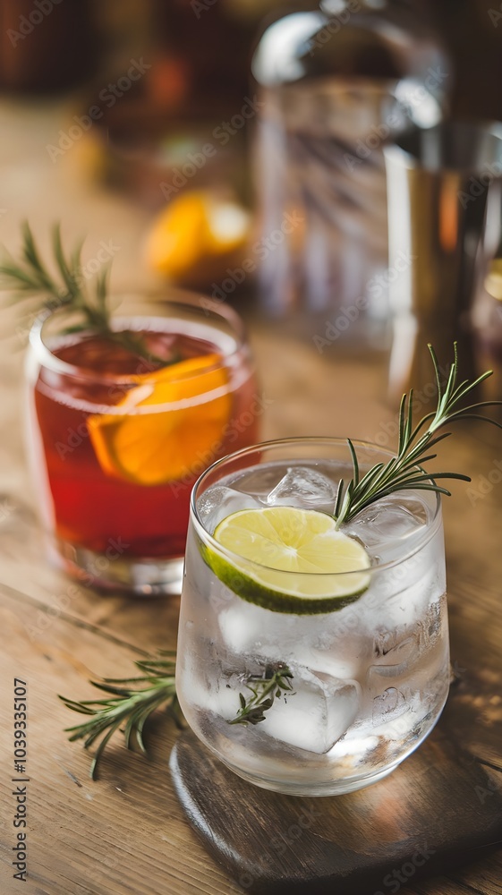 Fototapeta premium Refreshing Summer Cocktails. Gin and Tonic, Negroni with Citrus Garnish, Fresh Herbs, and Ice on Rustic Wooden Table