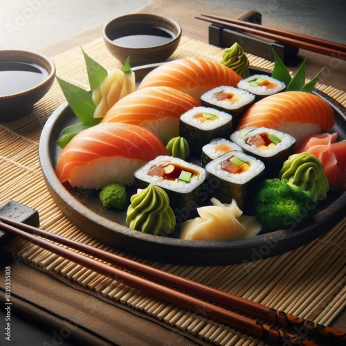 Sushi plate with soy sauce and chopsticks on a bamboo mat background for an authentic look photo