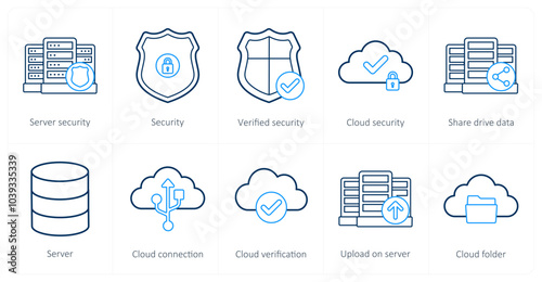 A set of 10 big data icons as server security, security, verified security