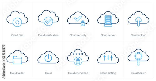 A set of 10 big data icons as cloud disc, cloud verification, cloud security