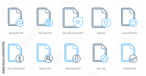 A set of 10 file icons as received file, file security, secured document