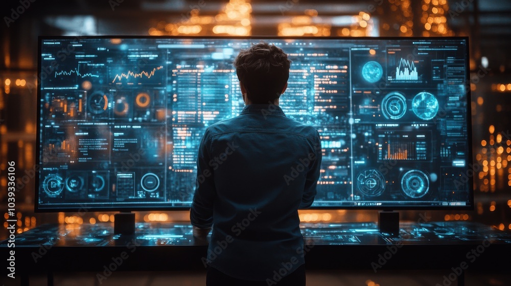 Person analyzing data on a futuristic digital interface. Person analyzing data on a futuristic digital interface.