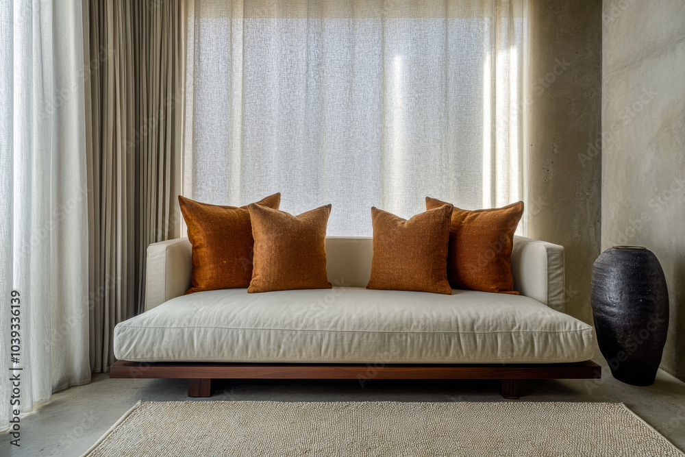 Fototapeta premium Cozy modern living room featuring a stylish beige sofa with orange pillows beside a large window