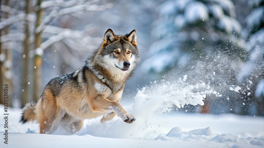 A wolf running in the snow-covered forest, its fur fluffed up to keep warm, winter, nature scene A wolf running in the snow-covered forest, its fur fluffed up to keep warm, winter, nature scene