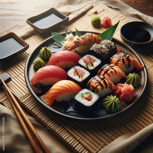 Sushi plate with soy sauce and chopsticks on a bamboo mat background for an authentic look photo