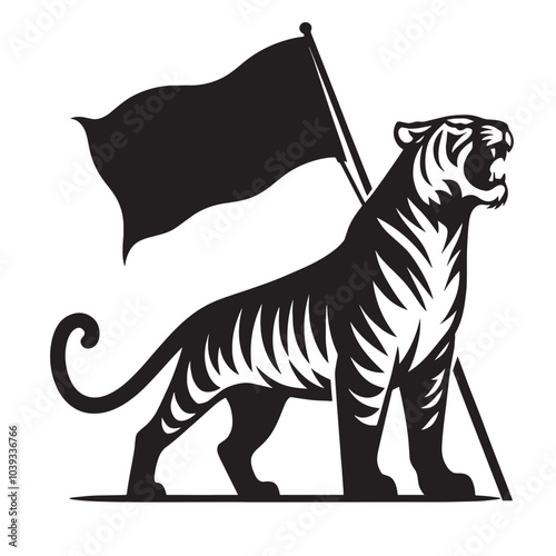 Black and white illustration of a tiger standing with a flag.