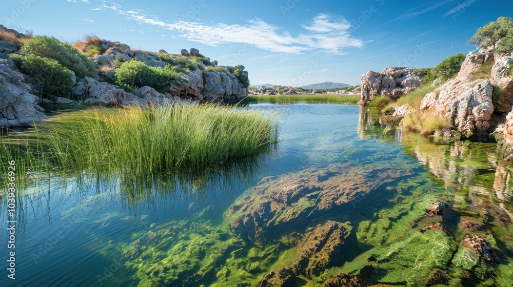 Naklejka premium Crystal Clear Oasis with Rocky Landscape and Greenery