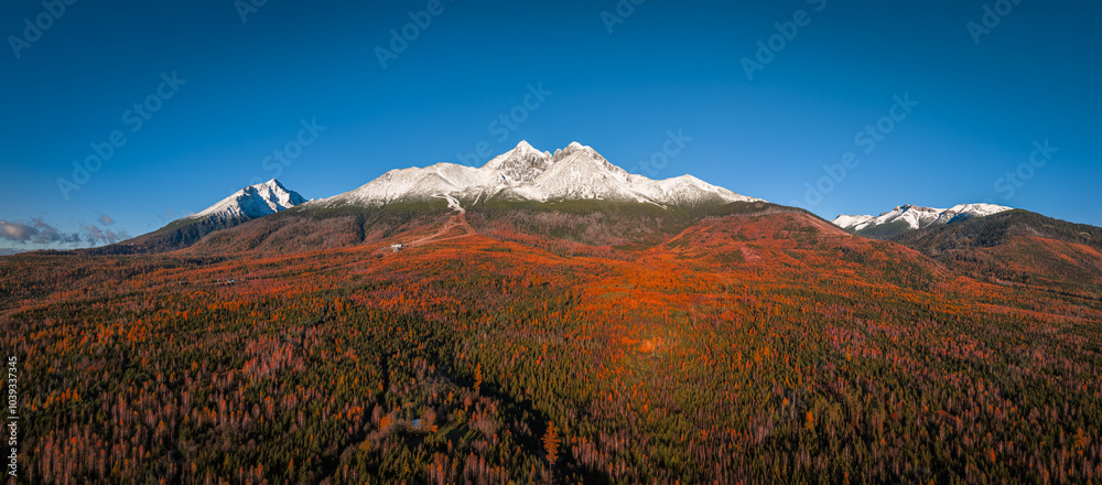Fototapeta premium Tatranske Matliare, Slovakia - Aerial view of the snowy mountains of Lomnicky Peak in the High Tatras with beautiful red and orange coloured autumn trees and foliage and clear blue sky at Vysoke Tatry