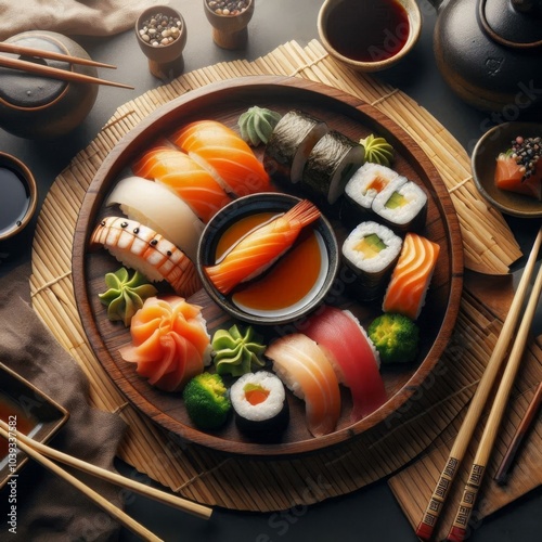 Sushi plate with soy sauce and chopsticks on a bamboo mat background for an authentic look photo