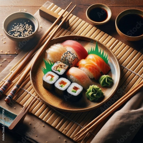 Sushi plate with soy sauce and chopsticks on a bamboo mat background for an authentic look photo