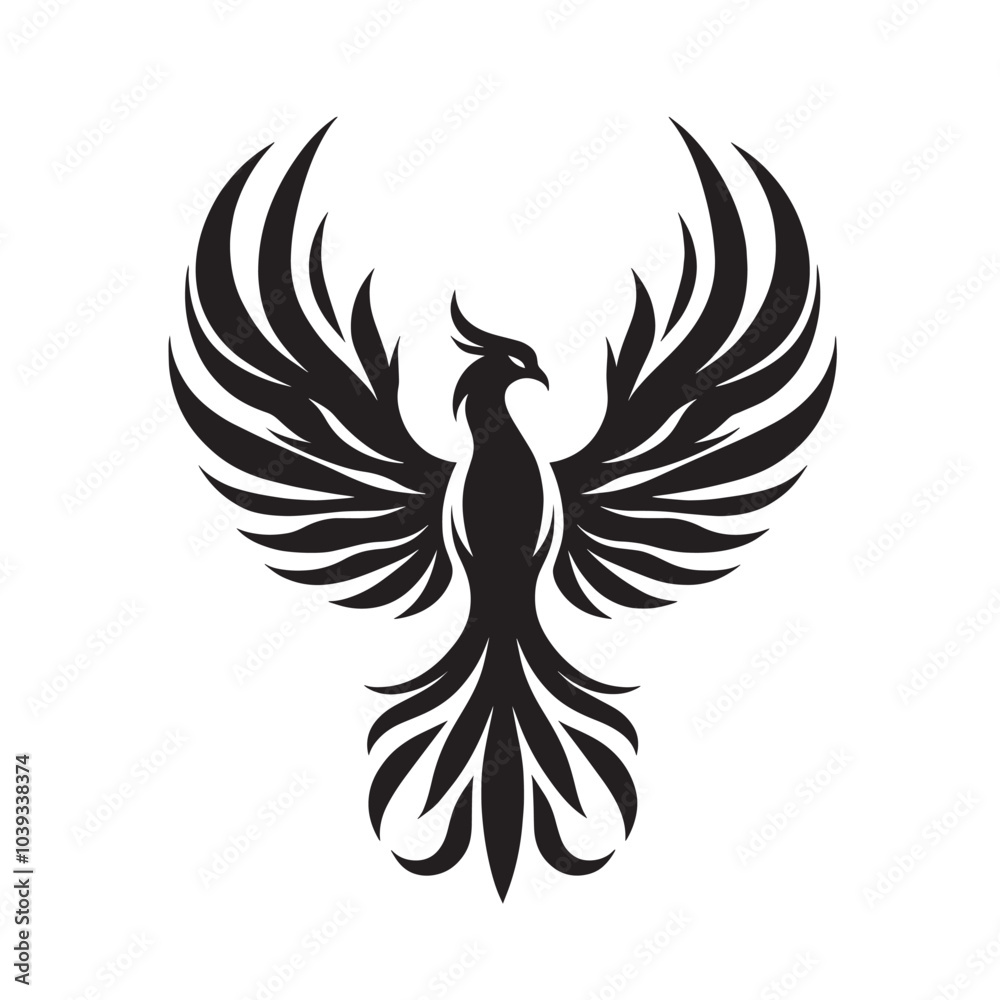 Black and white phoenix icon with spreading wings.