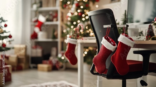 An empty scene featuring a festive home office space adorned with Christmas decorations, where customizable stockings are hung on the office chair,