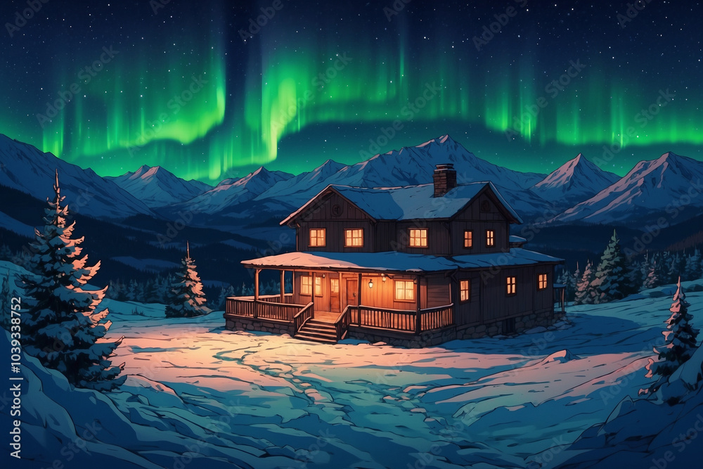 Fototapeta premium The house at the edge of the garden on a snowy mountain at night in winter has the aurora borealis. In anime style