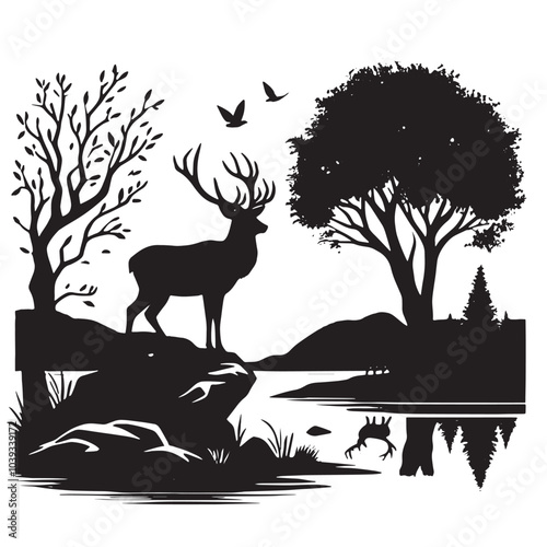 Black and white silhouette of a deer standing on a rock by a lake, with trees, birds, and a reflection.