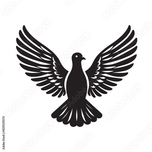 Black and white silhouette of a dove with wings spread.