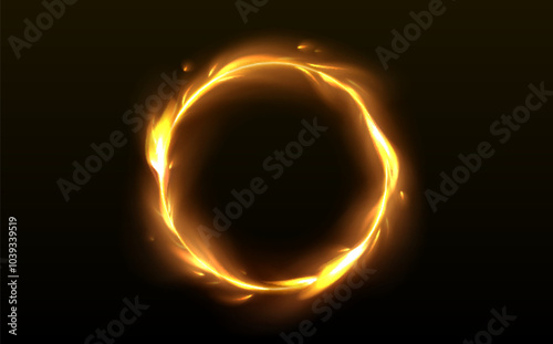 Round fire frame isolated on black background. Vector realistic illustration of flame ring glowing and sparkling in darkness, circular fiery border for magic circus show, heat energy vortex, firework