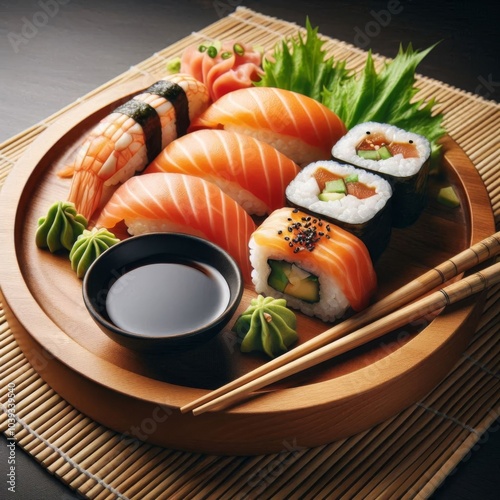 Sushi plate with soy sauce and chopsticks on a bamboo mat background for an authentic look photo