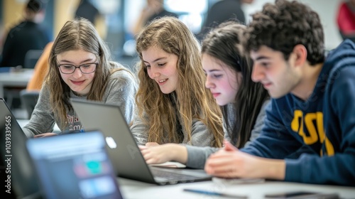 A group of students working together on laptops, collaborating on a digital project.