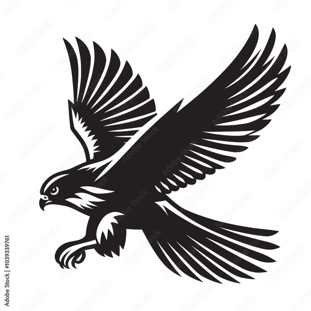 Obraz premium Black and white silhouette of a falcon in flight with spread wings.