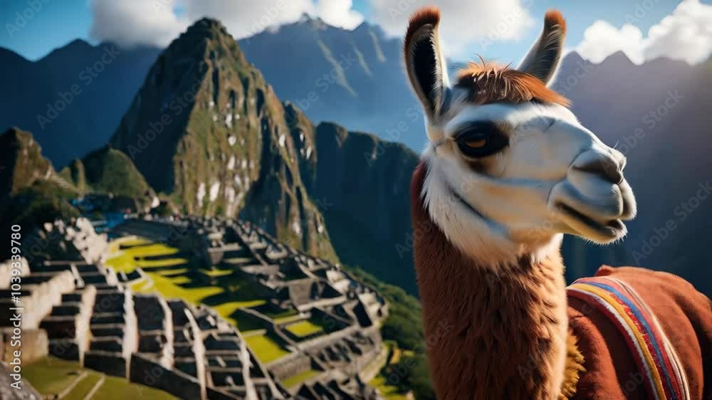 Llamas standing at Machu Picchu
