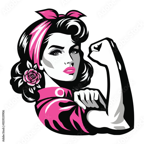 representation of a vintage-inspired woman with a pink headband and strong pose