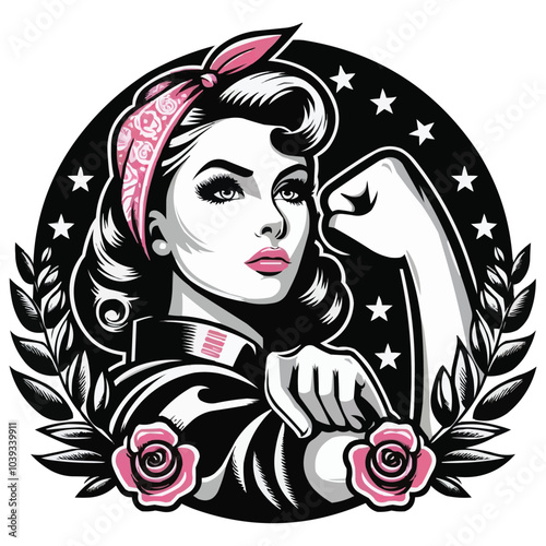 representation of a vintage-inspired woman with a pink headband and strong pose