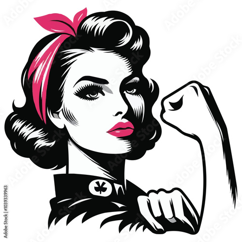representation of a vintage-inspired woman with a pink headband and strong pose