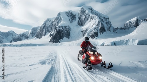 A man riding a snowmobile against a backdrop of mountains. Snowmobile riding in snowy mountains