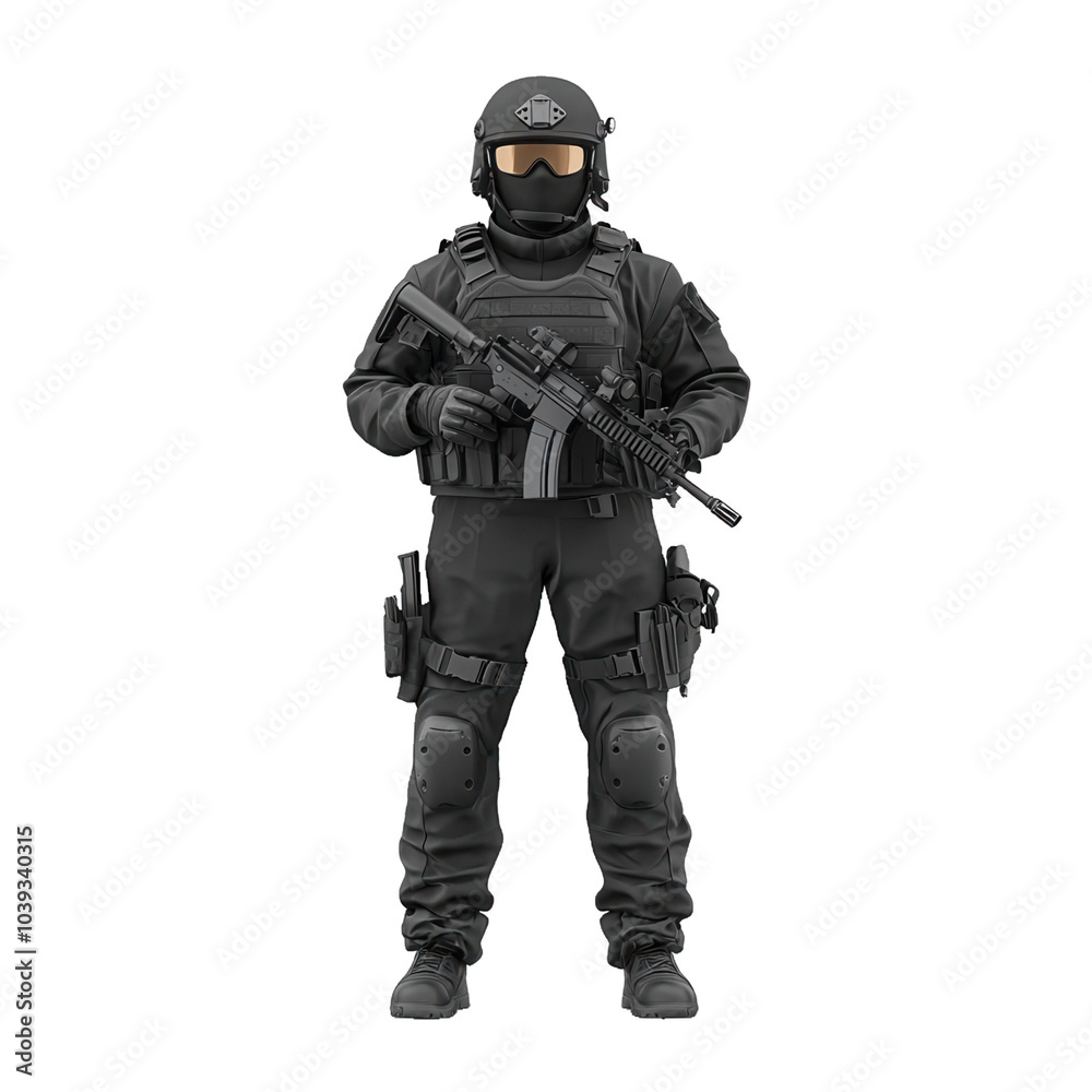 SWAT officer with a helmet and rifle, 3D illustration on transparent background