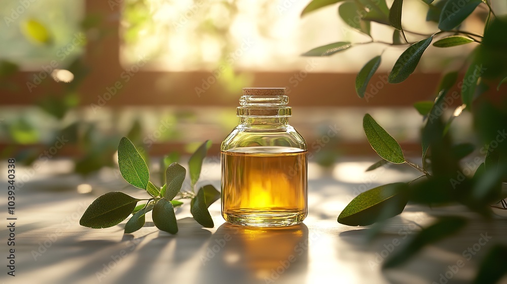 A glass bottle with olive oil and green olive twig on wooden table, blurred green outdoor background A glass bottle with olive oil and green olive twig on wooden table, blurred green outdoor background