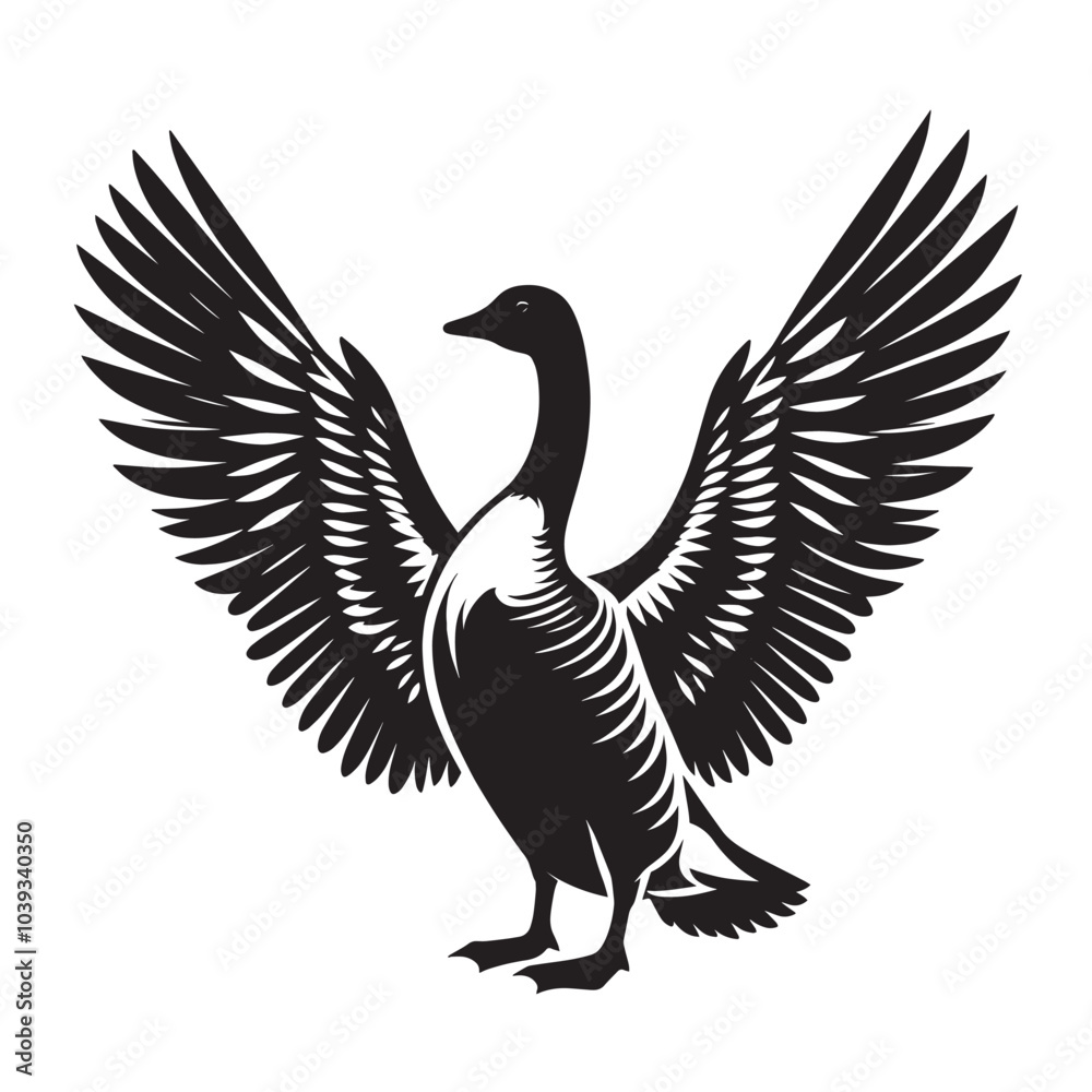 Fototapeta premium Black and white silhouette of a goose with wings spread.