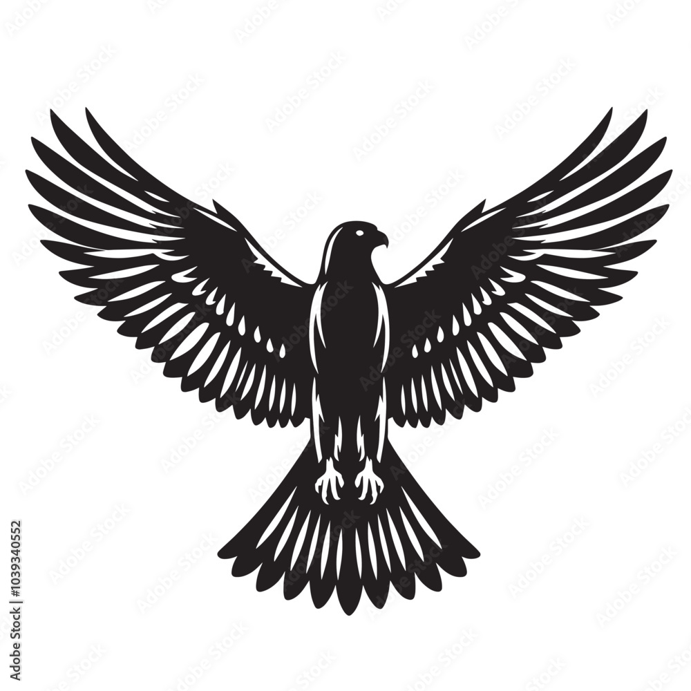 Naklejka premium Black and white silhouette of a hawk flying with its wings spread.