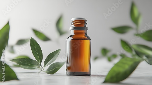 A glass bottle with olive oil and green olive twig on wooden table, blurred green outdoor background