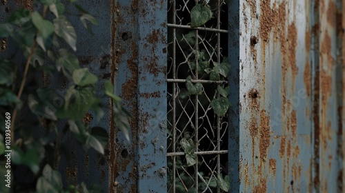 Closed factory gates with rusting metal and faded paint, symbolizing the decline of industry and the passage of time, reflecting a poignant reminder of economic shifts and the human impact of change